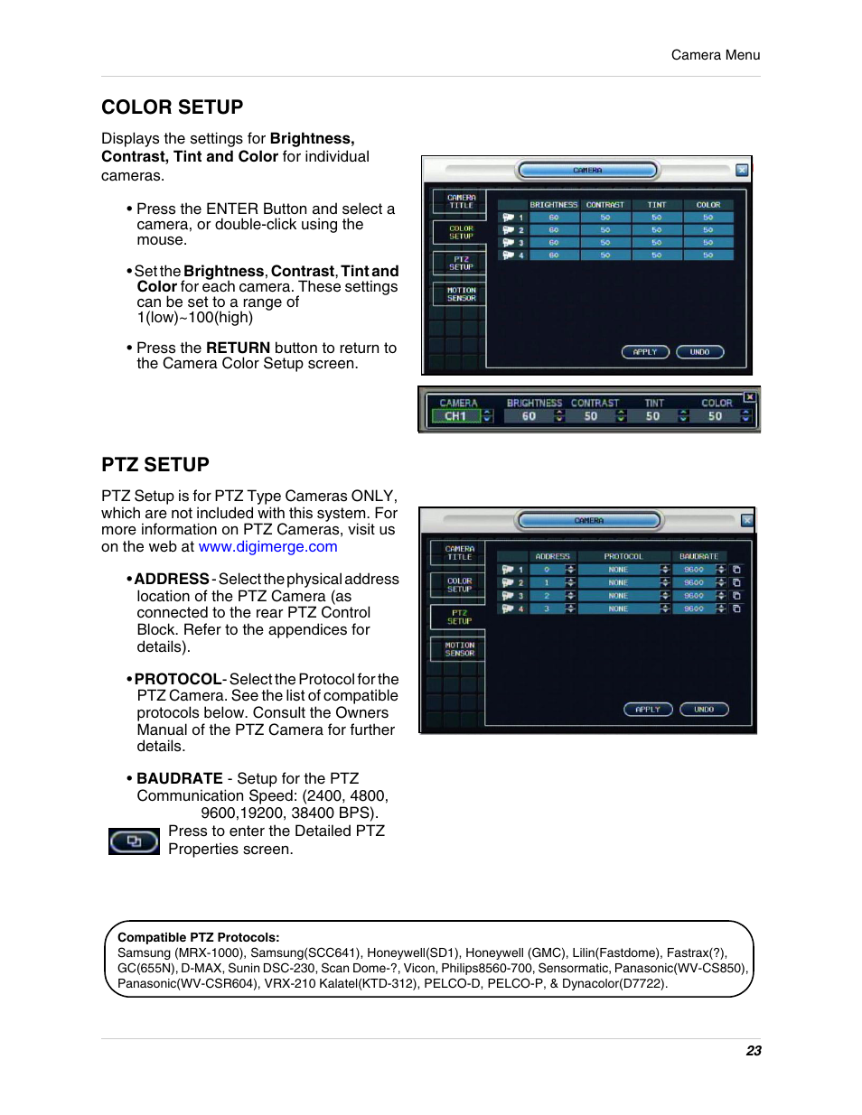 Color setup ptz setup, Color setup, Ptz setup | Digimerge DHU104 User Manual | Page 31 / 88