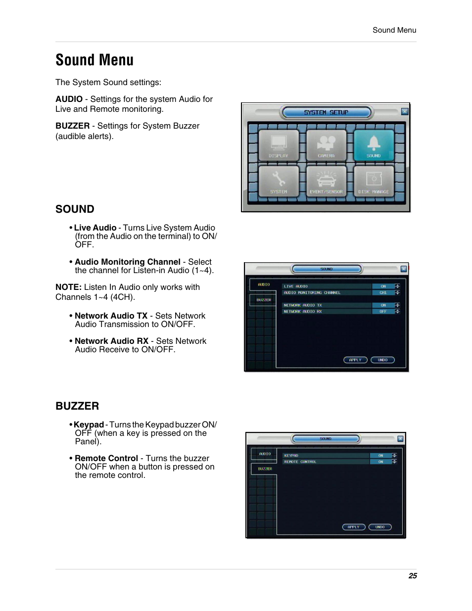 Sound menu, Sound buzzer | Digimerge DHU104 User Manual | Page 33 / 88