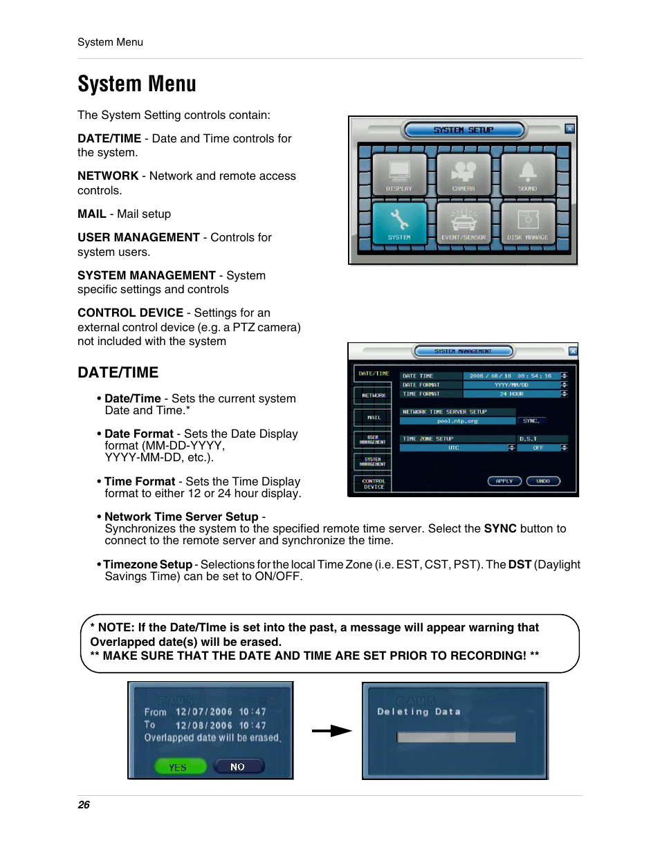 System menu, Date/time | Digimerge DHU104 User Manual | Page 34 / 88