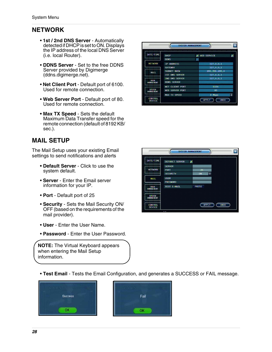 Mail setup, Network | Digimerge DHU104 User Manual | Page 36 / 88