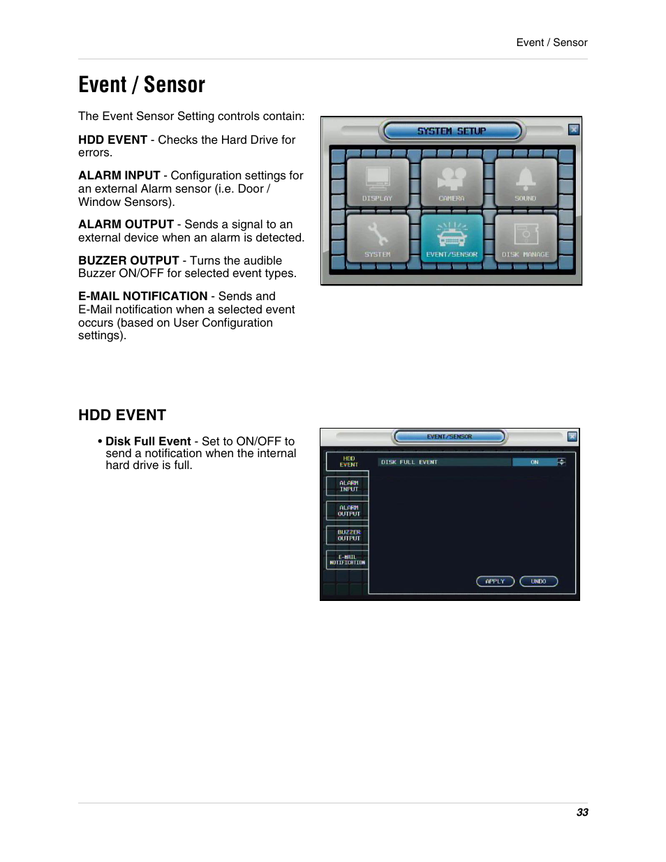 Event / sensor, Hdd event | Digimerge DHU104 User Manual | Page 41 / 88