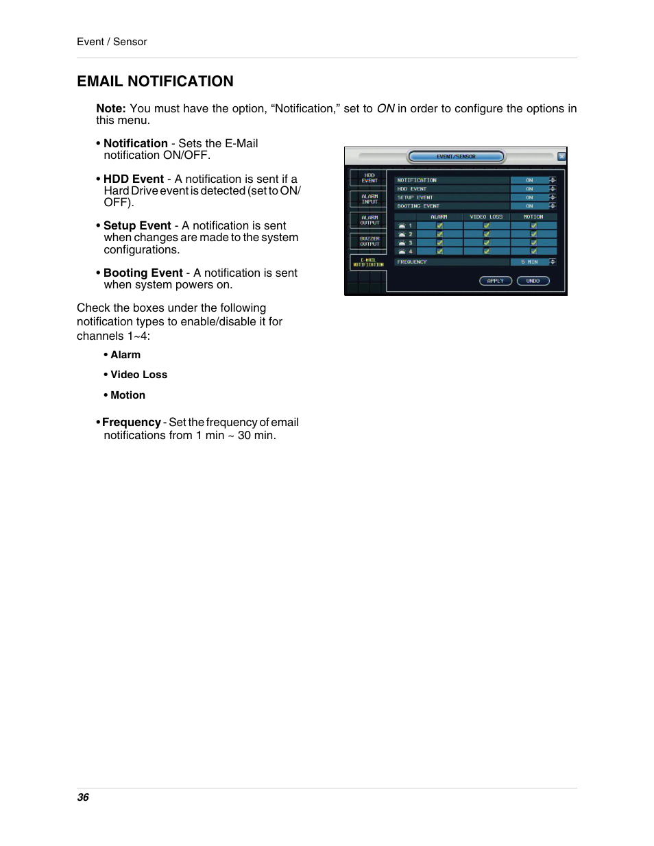 Alarm, Video loss, Motion | Email notification | Digimerge DHU104 User Manual | Page 44 / 88