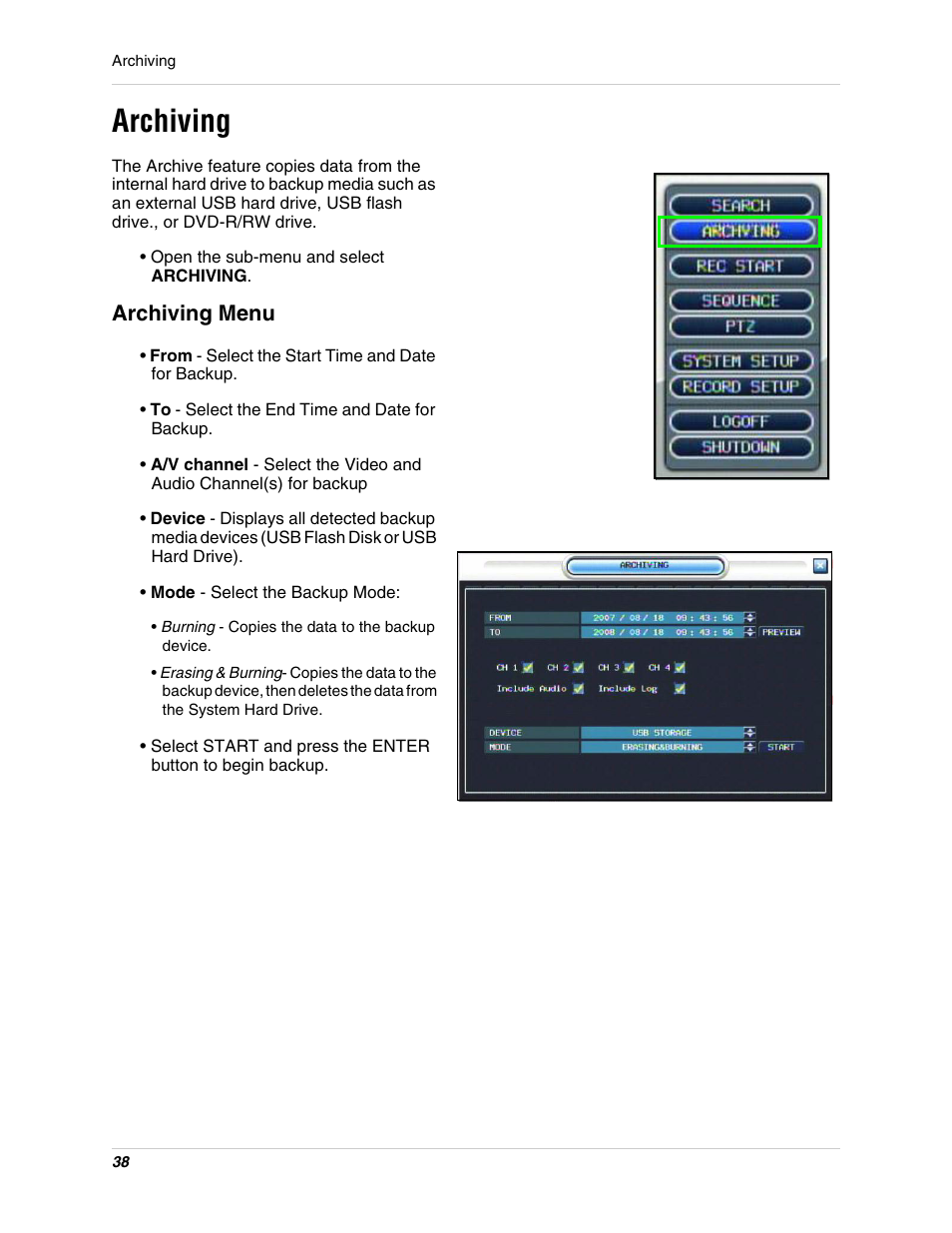Burning - copies the data to the backup device, Archiving, Archiving menu | Digimerge DHU104 User Manual | Page 46 / 88