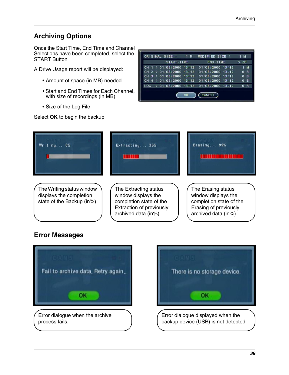 Archiving options, Error messages | Digimerge DHU104 User Manual | Page 47 / 88