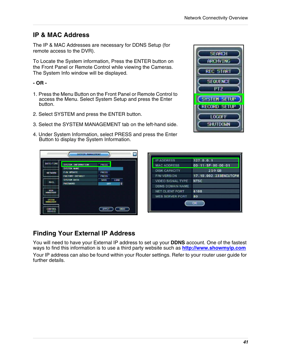 Select system and press the enter button, Ip & mac address finding your external ip address, Ip & mac address | Finding your external ip address | Digimerge DHU104 User Manual | Page 49 / 88