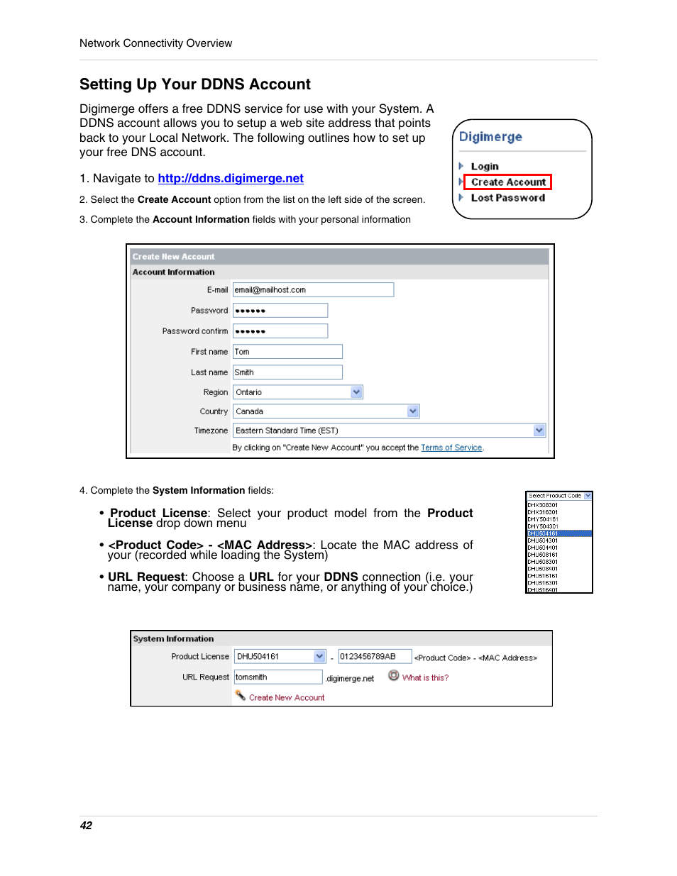 Navigate to http://ddns.digimerge.net, Complete the system information fields, Setting up your ddns account | Digimerge DHU104 User Manual | Page 50 / 88
