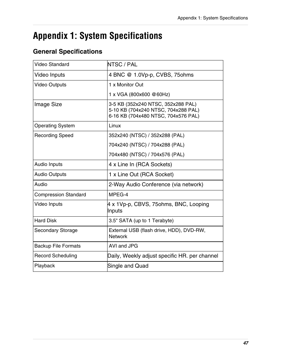 Appendix 1: system specifications | Digimerge DHU104 User Manual | Page 55 / 88