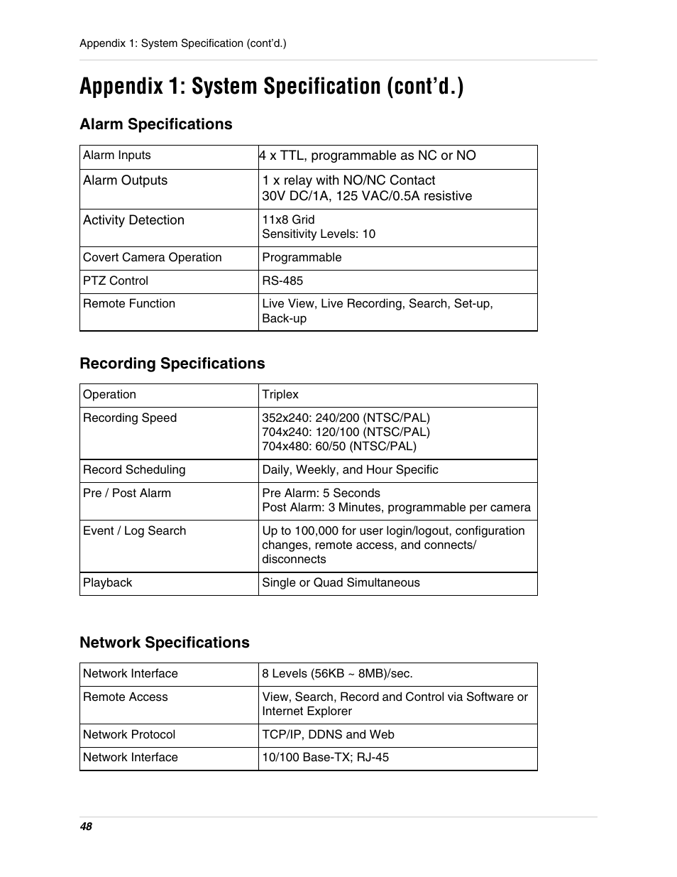 Appendix 1: system specification (cont’d.) | Digimerge DHU104 User Manual | Page 56 / 88