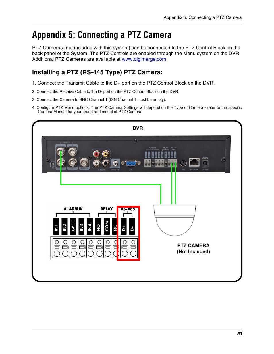Appendix 5: connecting a ptz camera, Installing a ptz (rs-445 type) ptz camera | Digimerge DHU104 User Manual | Page 61 / 88