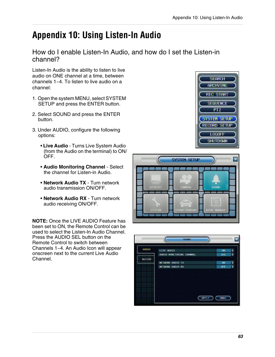 Select sound and press the enter button, Under audio, configure the following options, Appendix 10: using listen-in audio | Digimerge DHU104 User Manual | Page 71 / 88