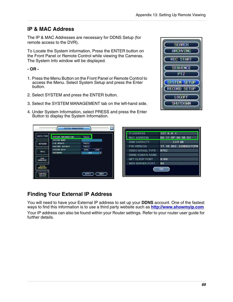 Select system and press the enter button, Ip & mac address, Finding your external ip address | Digimerge DHU104 User Manual | Page 77 / 88