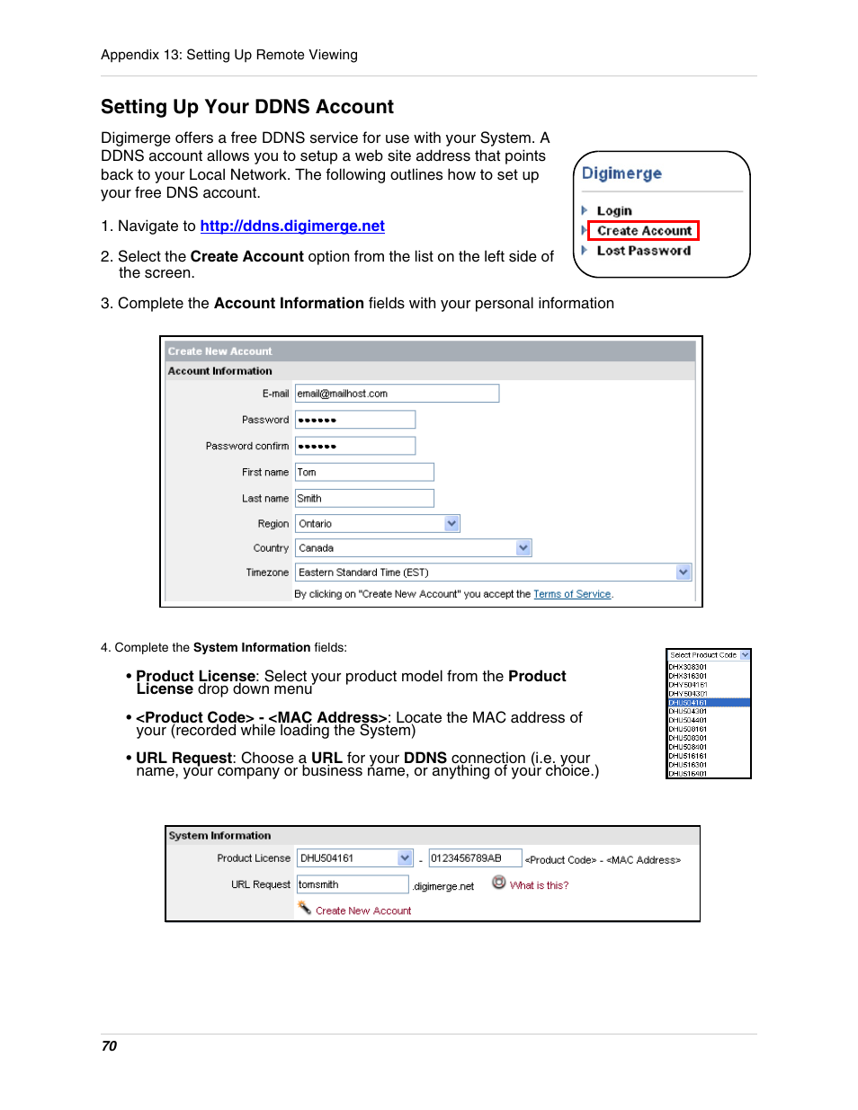 Navigate to http://ddns.digimerge.net, Complete the system information fields, Setting up your ddns account | Digimerge DHU104 User Manual | Page 78 / 88
