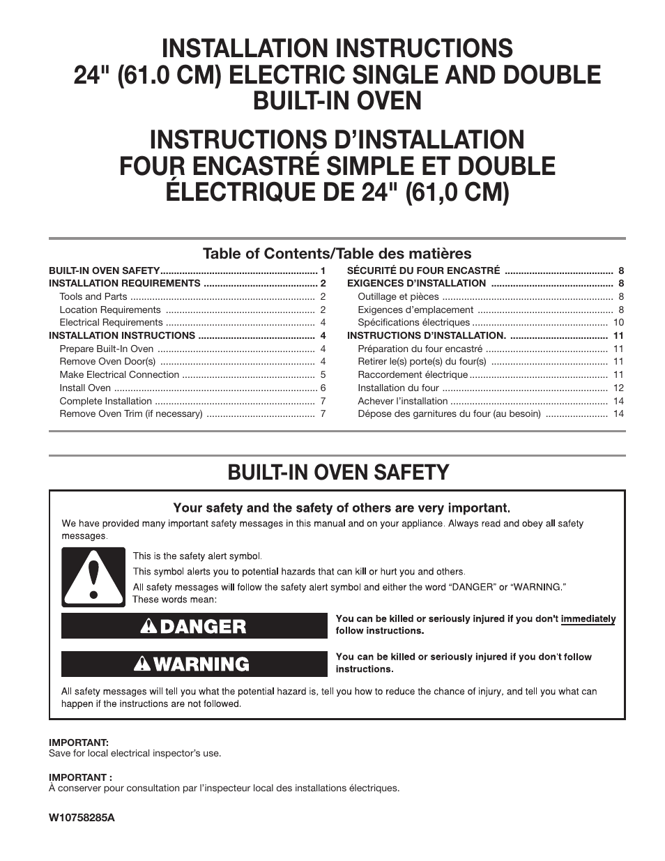 KITCHENAID 24 Inch Single Convection Electric Wall Oven Installation Instructions User Manual | 16 pages