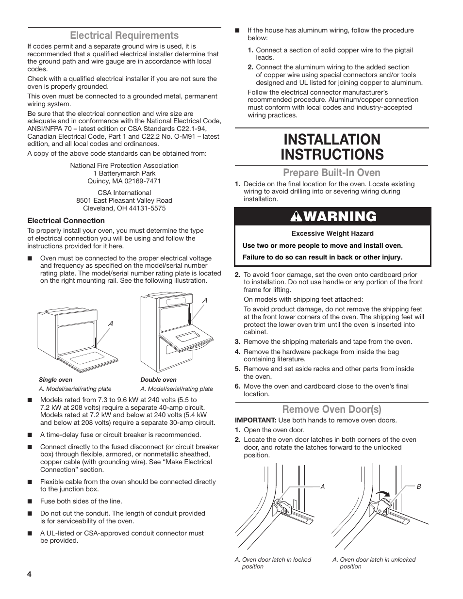 Installation instructions, Warning, Prepare built-in oven | Electrical requirements, Remove oven door(s) | KITCHENAID 24 Inch Single Convection Electric Wall Oven Installation Instructions User Manual | Page 4 / 16