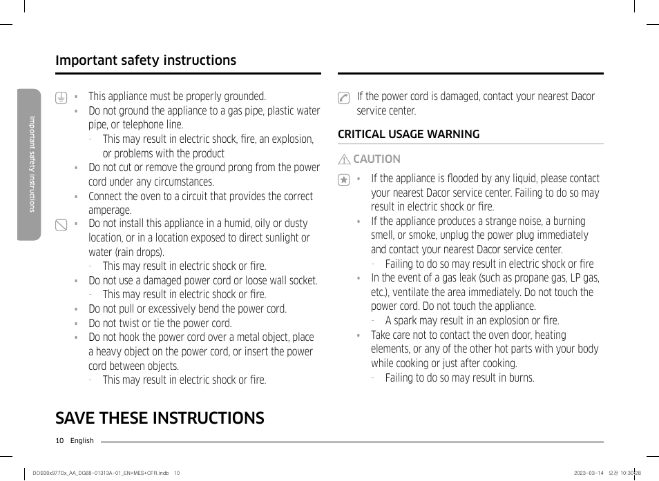 Save these instructions, Important safety instructions | Dacor Transitional 30 Inch Double Electric Smart Wall Oven User Manual User Manual | Page 10 / 188