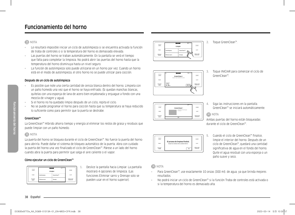 Funcionamiento del horno, 38 español funcionamient o del horno, Toque greenclean | Toque iniciar para comenzar el ciclo de greenclean | Dacor Transitional 30 Inch Double Electric Smart Wall Oven User Manual User Manual | Page 100 / 188