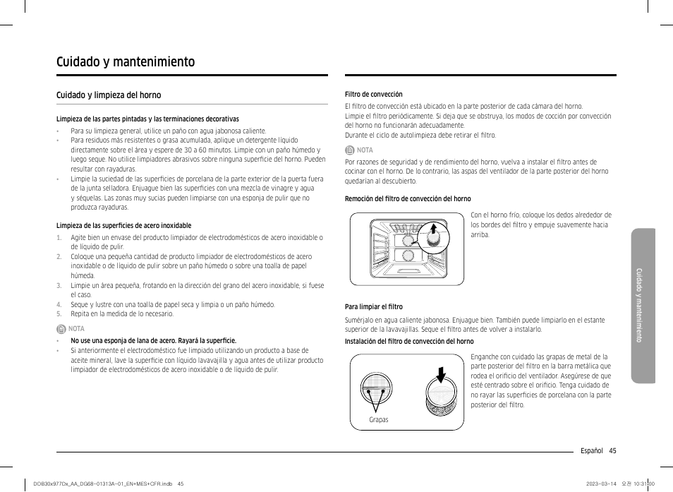 Cuidado y mantenimiento, Cuidado y limpieza del horno | Dacor Transitional 30 Inch Double Electric Smart Wall Oven User Manual User Manual | Page 107 / 188