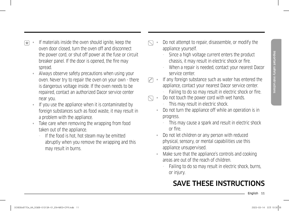 Save these instructions | Dacor Transitional 30 Inch Double Electric Smart Wall Oven User Manual User Manual | Page 11 / 188