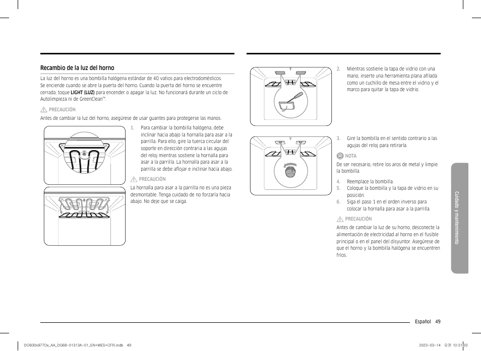Recambio de la luz del horno | Dacor Transitional 30 Inch Double Electric Smart Wall Oven User Manual User Manual | Page 111 / 188