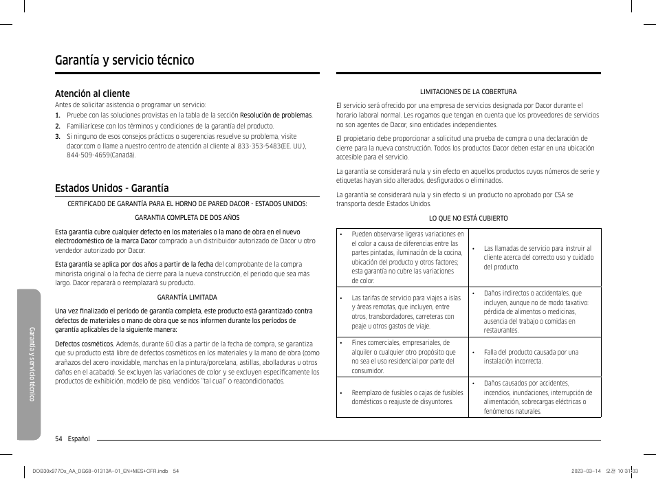 Garantía y servicio técnico, Estados unidos - garantía, Atención al cliente | Dacor Transitional 30 Inch Double Electric Smart Wall Oven User Manual User Manual | Page 116 / 188