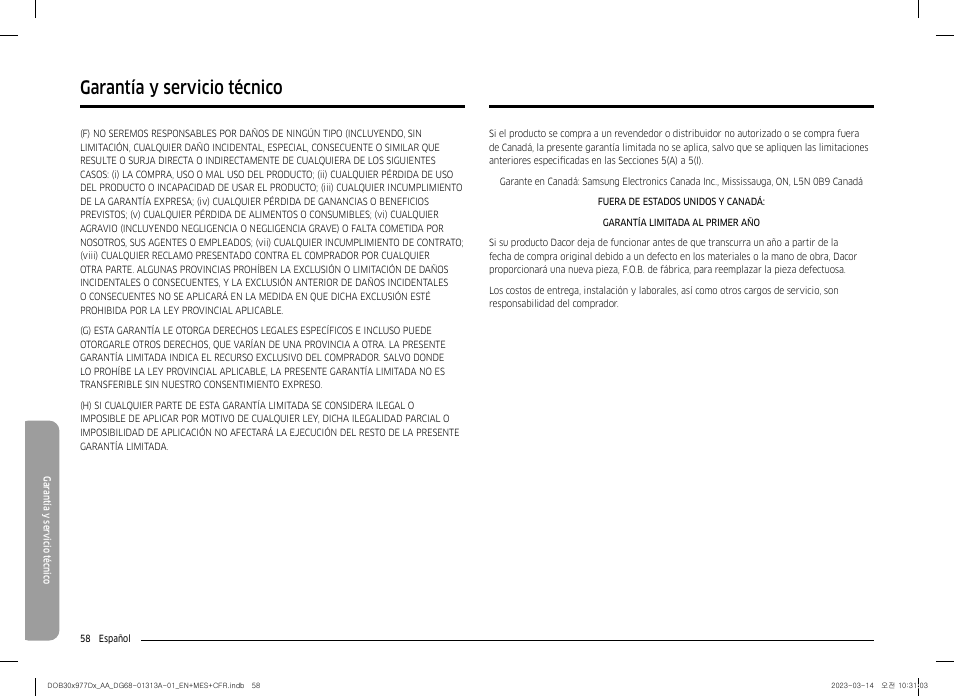 Garantía y servicio técnico | Dacor Transitional 30 Inch Double Electric Smart Wall Oven User Manual User Manual | Page 120 / 188