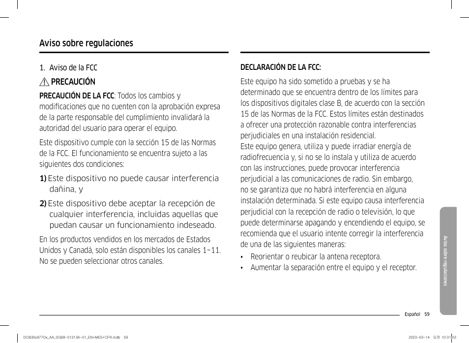 Aviso sobre regulaciones | Dacor Transitional 30 Inch Double Electric Smart Wall Oven User Manual User Manual | Page 121 / 188