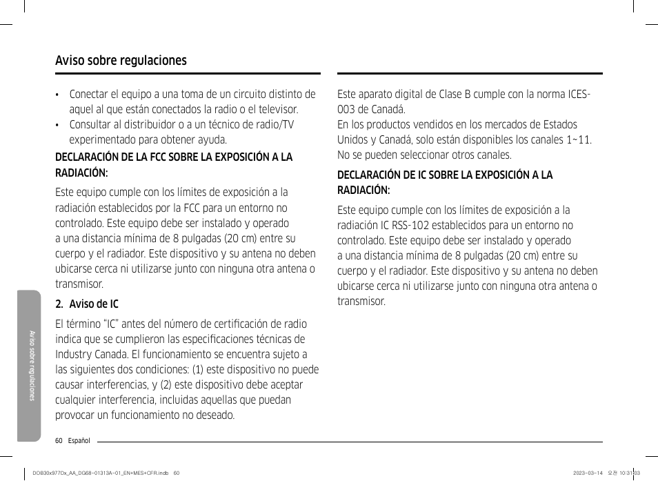 Aviso sobre regulaciones | Dacor Transitional 30 Inch Double Electric Smart Wall Oven User Manual User Manual | Page 122 / 188