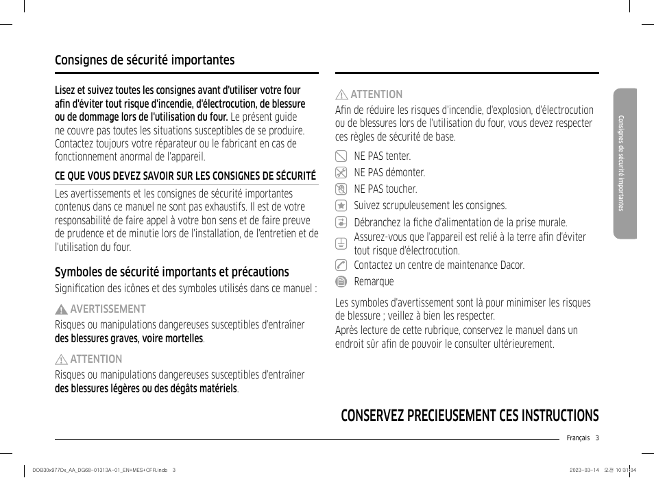 Consignes de sécurité importantes, Conservez précieusement ces instructions, Symboles de sécurité importants et précautions | Dacor Transitional 30 Inch Double Electric Smart Wall Oven User Manual User Manual | Page 127 / 188