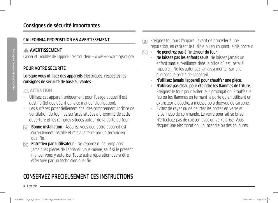 Conservez précieusement ces instructions, Consignes de sécurité importantes | Dacor Transitional 30 Inch Double Electric Smart Wall Oven User Manual User Manual | Page 128 / 188