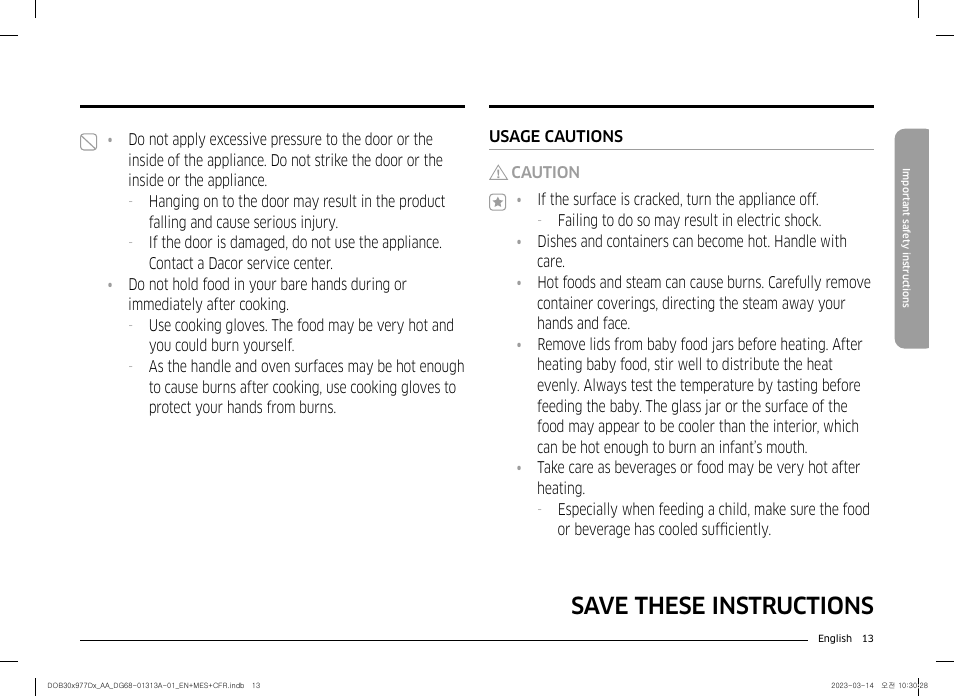 Save these instructions | Dacor Transitional 30 Inch Double Electric Smart Wall Oven User Manual User Manual | Page 13 / 188