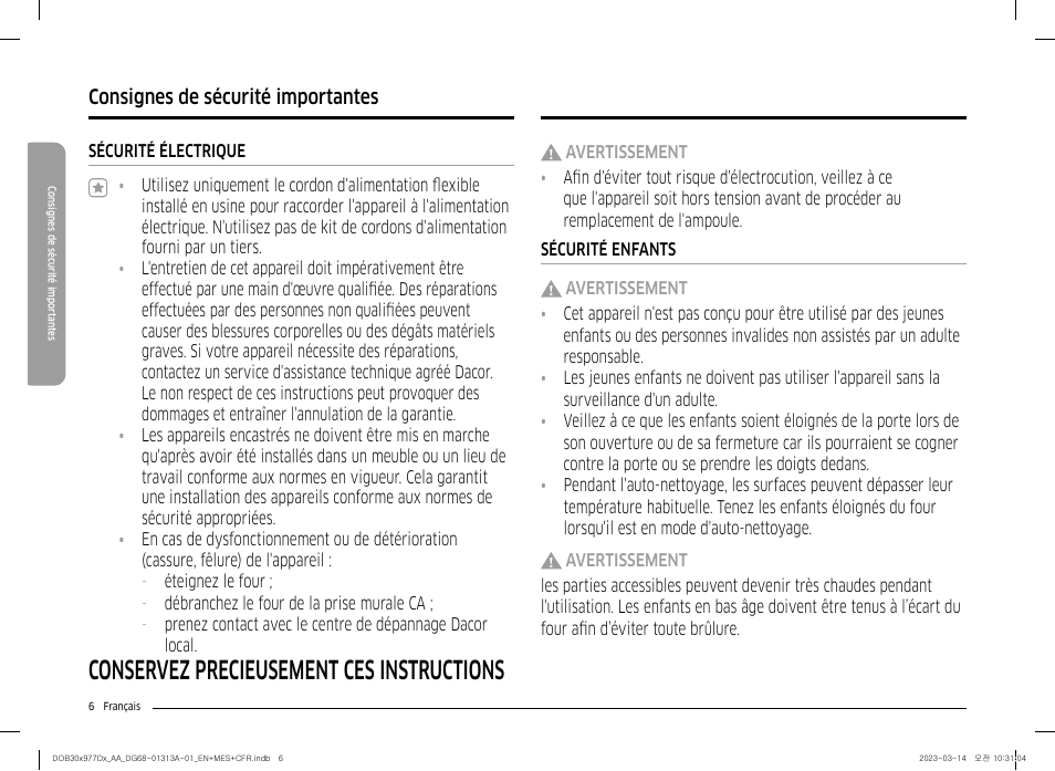 Conservez précieusement ces instructions, Consignes de sécurité importantes | Dacor Transitional 30 Inch Double Electric Smart Wall Oven User Manual User Manual | Page 130 / 188