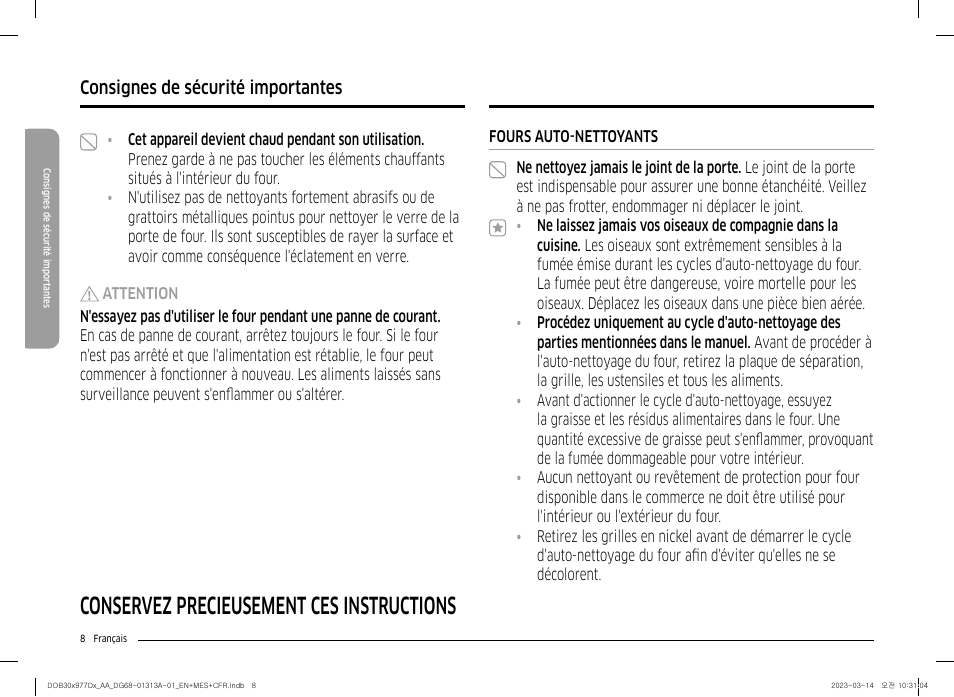Conservez précieusement ces instructions, Consignes de sécurité importantes | Dacor Transitional 30 Inch Double Electric Smart Wall Oven User Manual User Manual | Page 132 / 188
