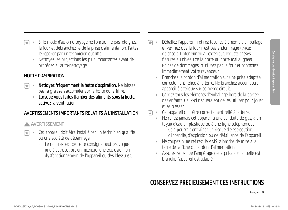 Conservez précieusement ces instructions | Dacor Transitional 30 Inch Double Electric Smart Wall Oven User Manual User Manual | Page 133 / 188