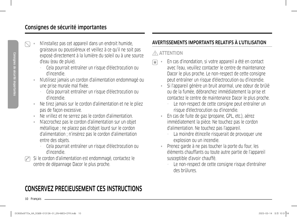 Conservez précieusement ces instructions, Consignes de sécurité importantes | Dacor Transitional 30 Inch Double Electric Smart Wall Oven User Manual User Manual | Page 134 / 188