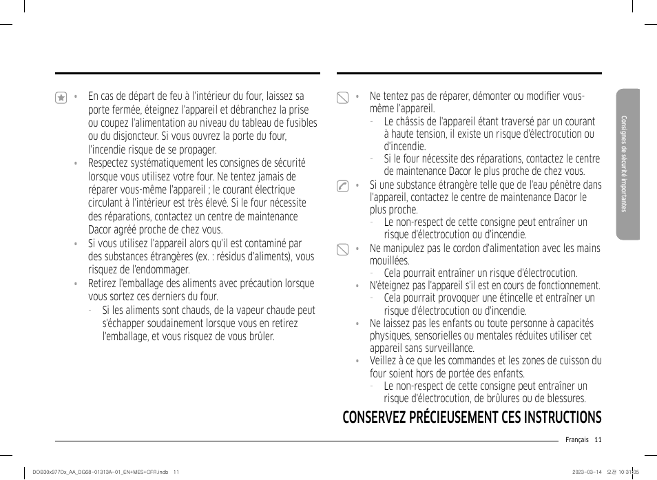 Conservez précieusement ces instructions | Dacor Transitional 30 Inch Double Electric Smart Wall Oven User Manual User Manual | Page 135 / 188