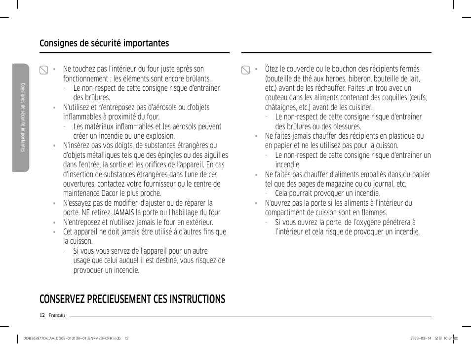 Conservez précieusement ces instructions, Consignes de sécurité importantes | Dacor Transitional 30 Inch Double Electric Smart Wall Oven User Manual User Manual | Page 136 / 188