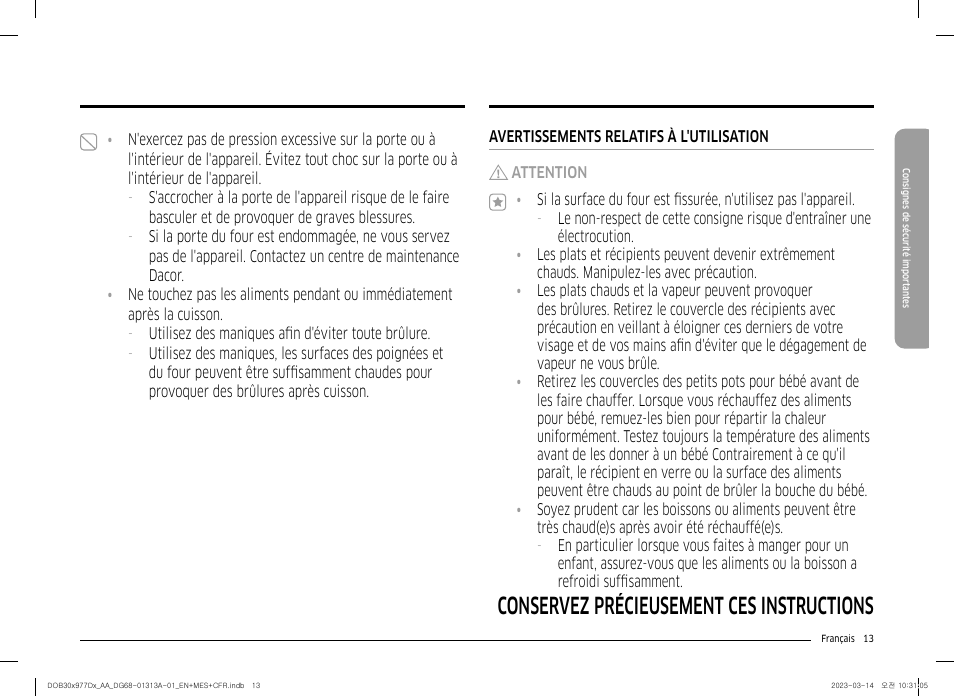 Conservez précieusement ces instructions | Dacor Transitional 30 Inch Double Electric Smart Wall Oven User Manual User Manual | Page 137 / 188
