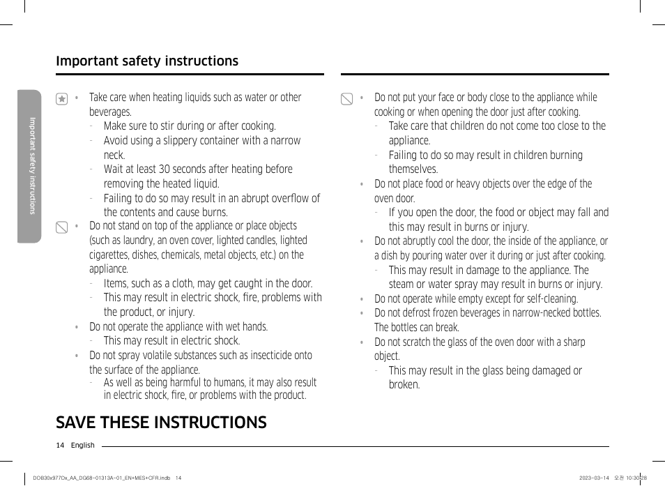 Save these instructions, Important safety instructions | Dacor Transitional 30 Inch Double Electric Smart Wall Oven User Manual User Manual | Page 14 / 188