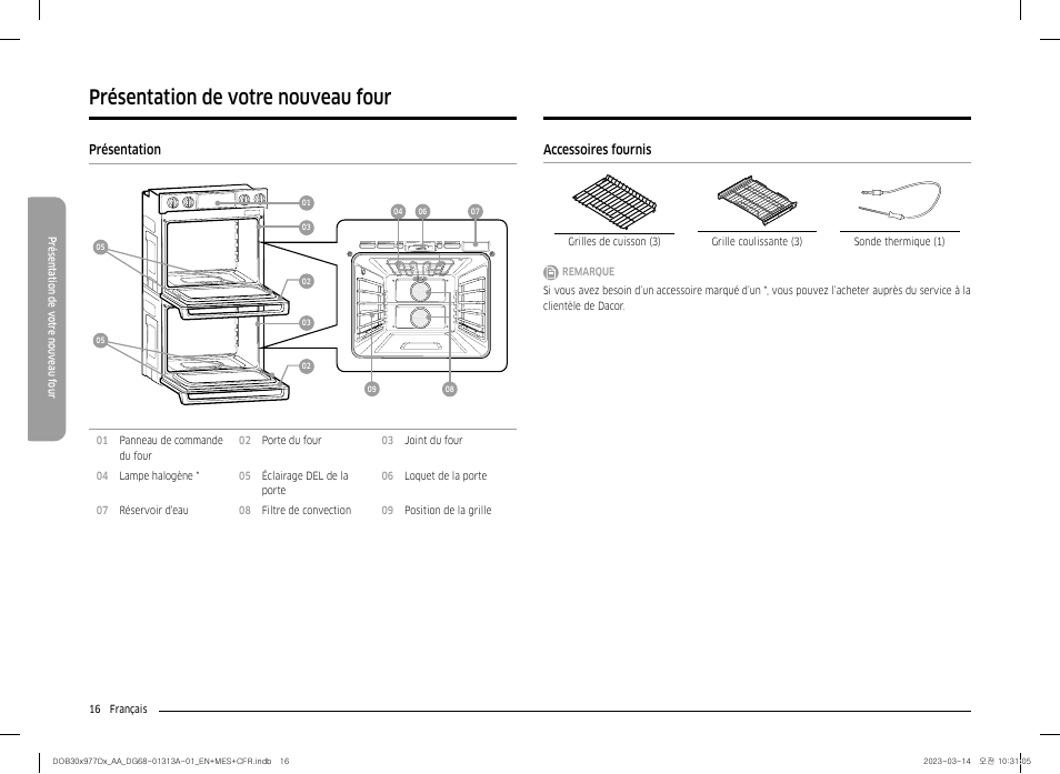 Présentation de votre nouveau four, Présentation, Accessoires fournis | Présentation 16 accessoires fournis | Dacor Transitional 30 Inch Double Electric Smart Wall Oven User Manual User Manual | Page 140 / 188