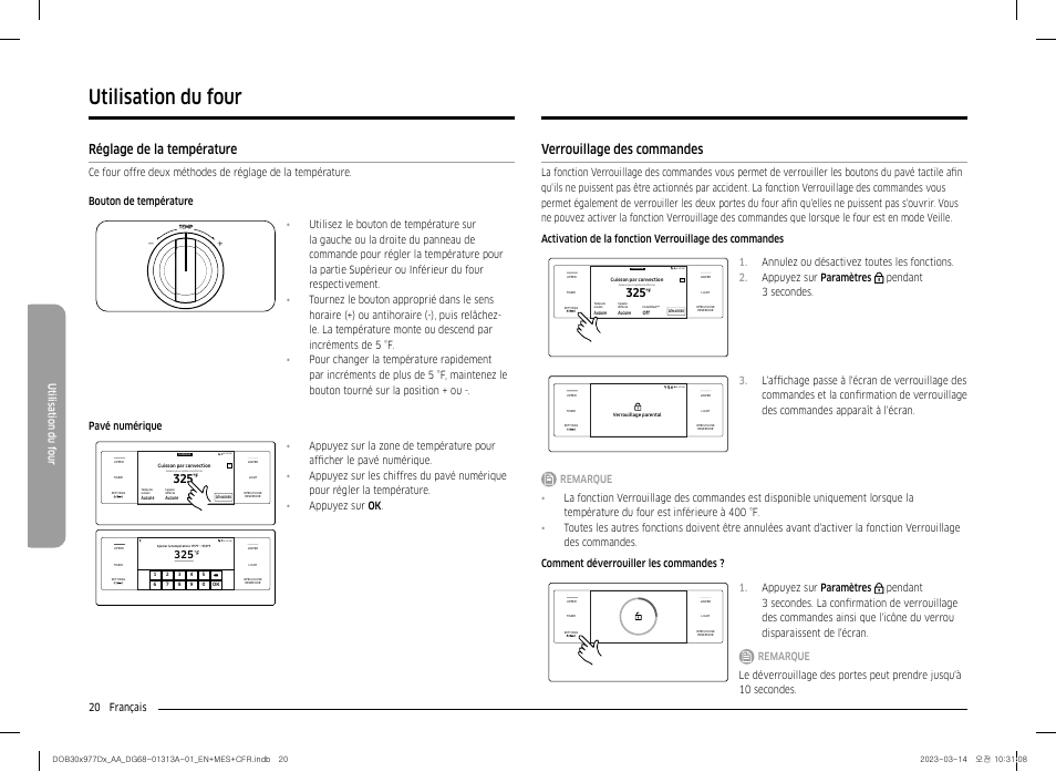 Réglage de la température, Verrouillage des commandes, Utilisation du four | 20 français utilisation du f our | Dacor Transitional 30 Inch Double Electric Smart Wall Oven User Manual User Manual | Page 144 / 188