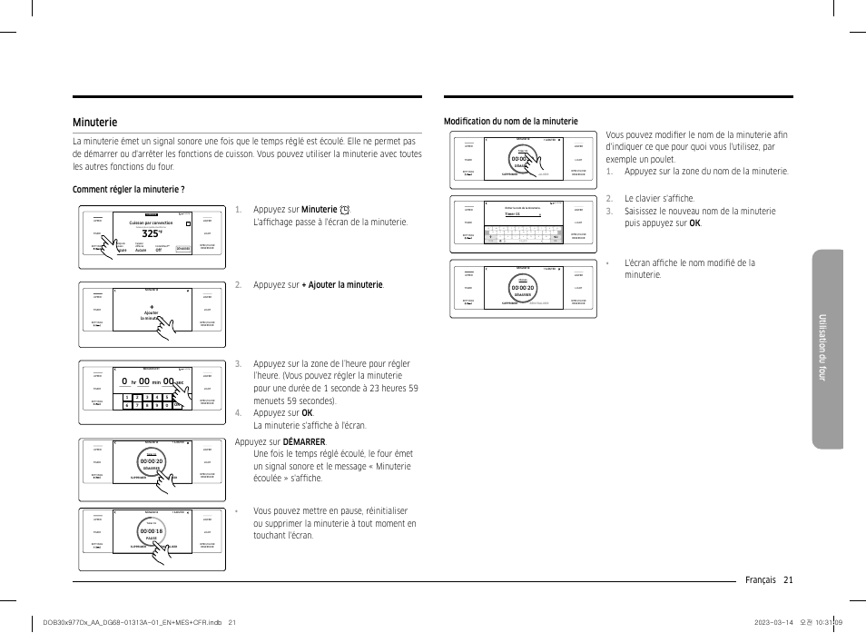 Minuterie, Minuterie 21, Français 21 utilisation du f our | Appuyez sur + ajouter la minuterie, L'écran affiche le nom modifié de la minuterie | Dacor Transitional 30 Inch Double Electric Smart Wall Oven User Manual User Manual | Page 145 / 188