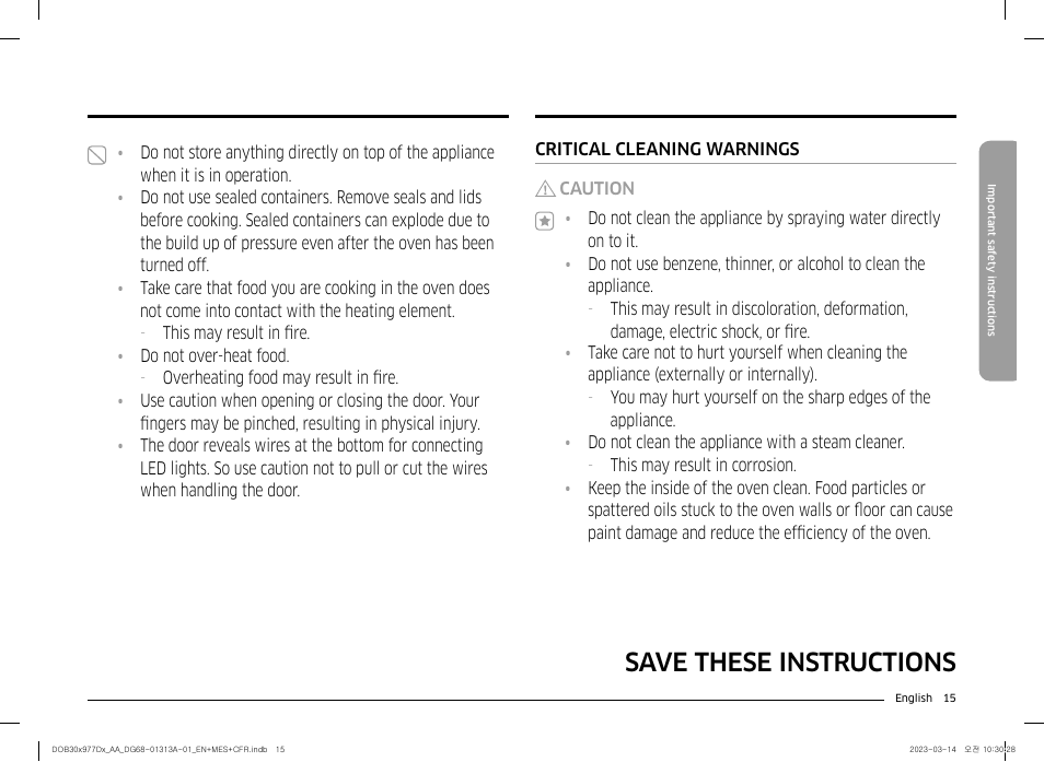 Save these instructions | Dacor Transitional 30 Inch Double Electric Smart Wall Oven User Manual User Manual | Page 15 / 188