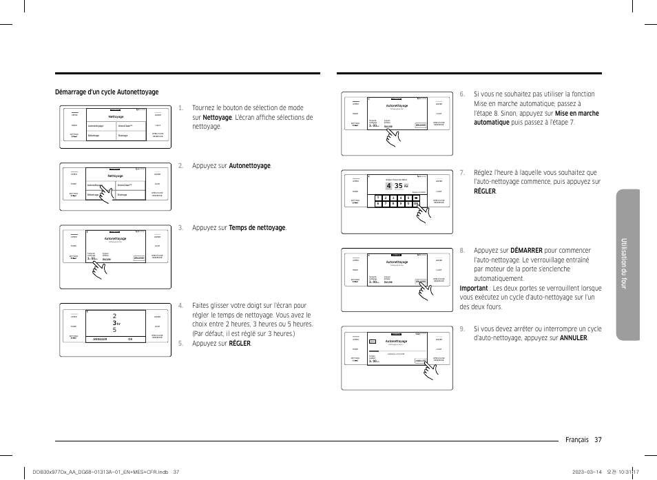 Français 37 utilisation du f our, Appuyez sur autonettoyage, Appuyez sur temps de nettoyage | Dacor Transitional 30 Inch Double Electric Smart Wall Oven User Manual User Manual | Page 161 / 188