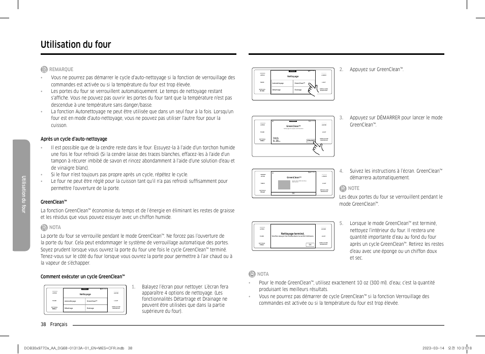 Utilisation du four, 38 français utilisation du f our, Appuyez sur greenclean | Dacor Transitional 30 Inch Double Electric Smart Wall Oven User Manual User Manual | Page 162 / 188