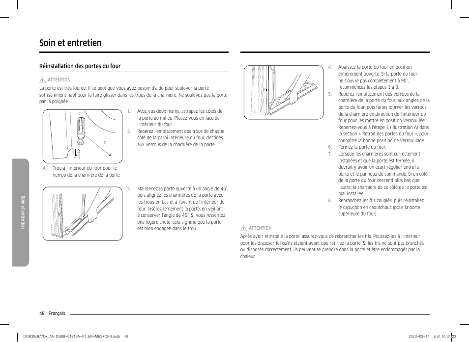 Réinstallation des portes du four, Soin et entretien | Dacor Transitional 30 Inch Double Electric Smart Wall Oven User Manual User Manual | Page 172 / 188