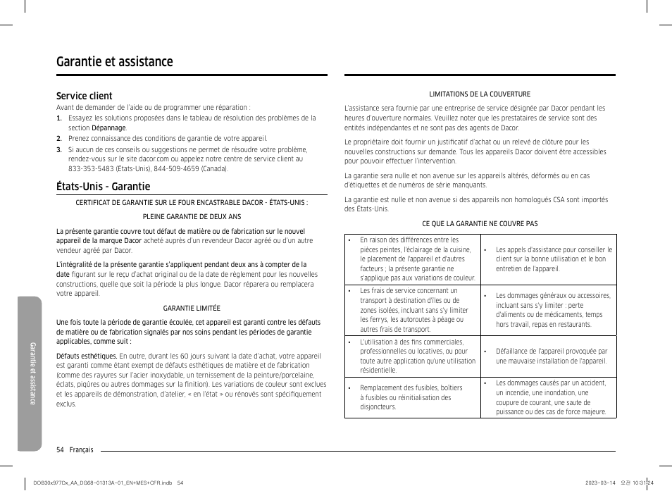 Garantie et assistance, États-unis - garantie, Service client | Dacor Transitional 30 Inch Double Electric Smart Wall Oven User Manual User Manual | Page 178 / 188
