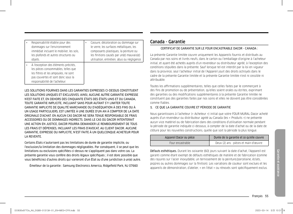 Canada - garantie | Dacor Transitional 30 Inch Double Electric Smart Wall Oven User Manual User Manual | Page 179 / 188