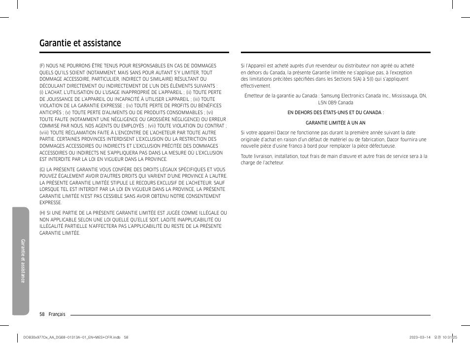 Garantie et assistance | Dacor Transitional 30 Inch Double Electric Smart Wall Oven User Manual User Manual | Page 182 / 188