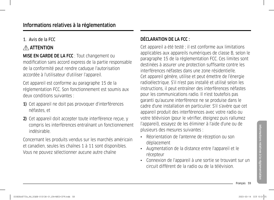 Informations relatives à la réglementation | Dacor Transitional 30 Inch Double Electric Smart Wall Oven User Manual User Manual | Page 183 / 188