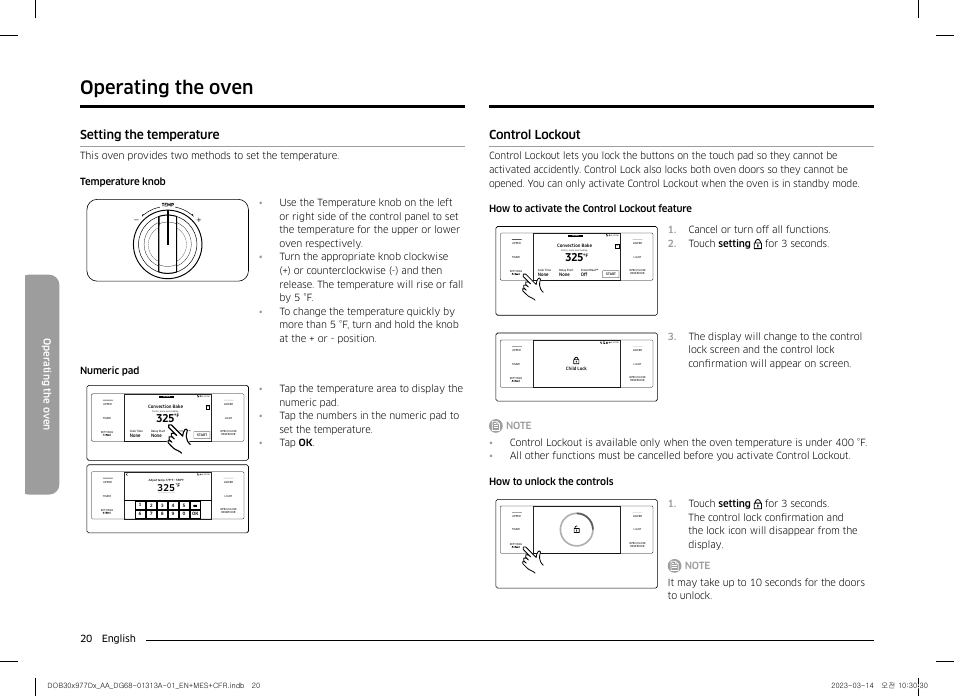 Setting the temperature, Control lockout, Operating the oven | 20 english oper ating the o v en | Dacor Transitional 30 Inch Double Electric Smart Wall Oven User Manual User Manual | Page 20 / 188